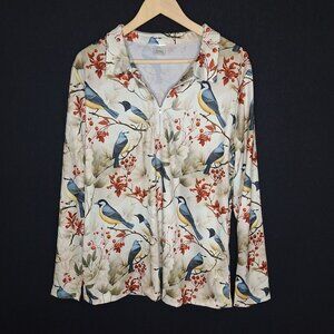 💙 Bird Print Lightweight Quarter Zip Sweater Size XL Comfy Cozy Relaxed Fit Lou